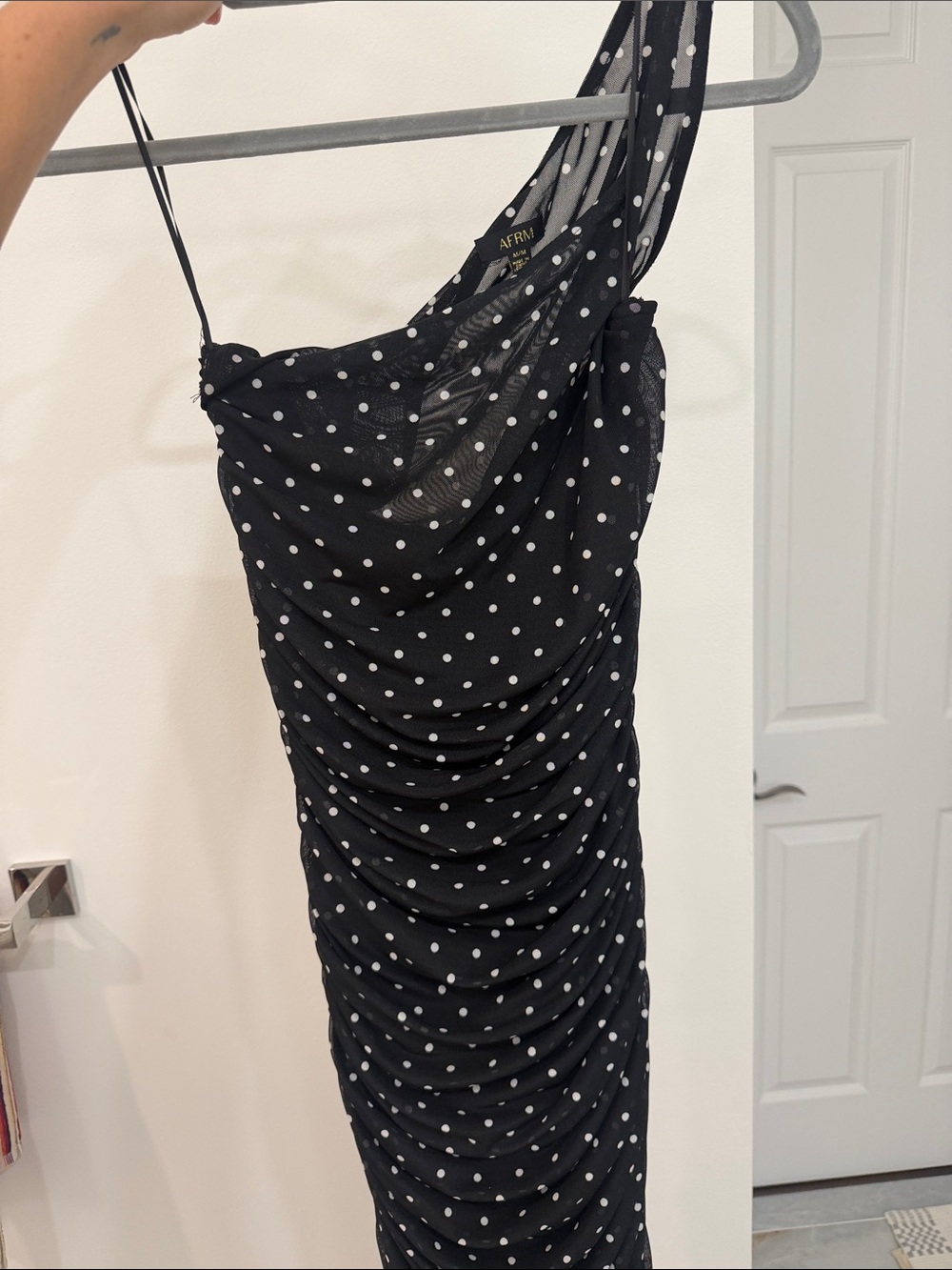 AFRM Biona Maxi Dress Black and White One-Shoulder Polka Dot Ruched Dress